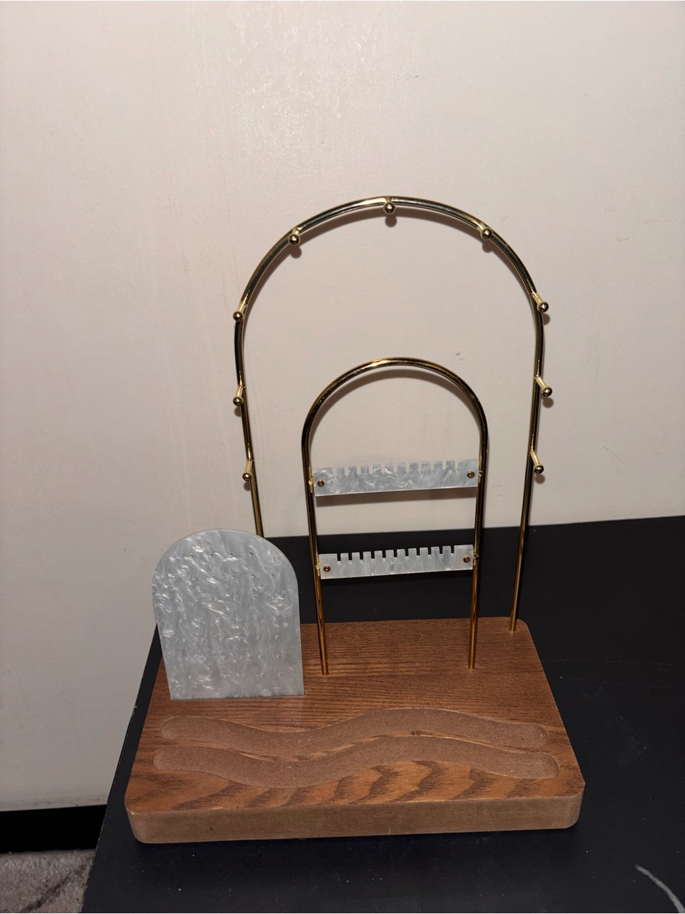 Brass & Wood Jewelry Stand with Pearl-Effect Accents